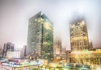 Image showing charlotte city skyline night scene in fog