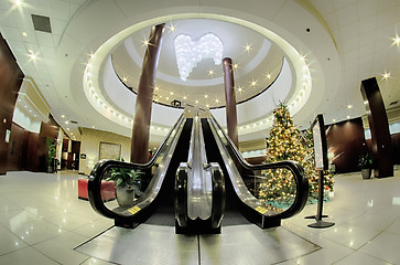 Image showing modern interior of a luxury hotel with escalators