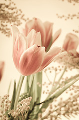 Image showing Spring bouquet with a mimosa and tulips