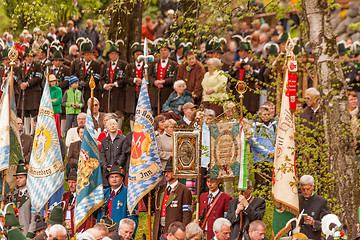 Image showing Miesbach / Germany / Bavaria - 05.May: Flags secondment at the service of Mountain protect