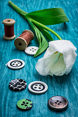 Image showing one white tulip and buttons with threads