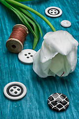 Image showing one white tulip and buttons with threads