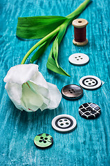 Image showing one white tulip and buttons with threads