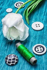 Image showing one white tulip and buttons with threads