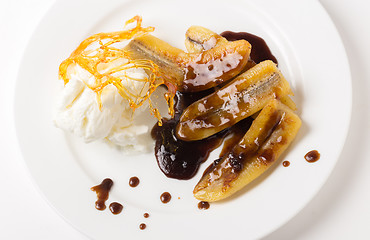 Image showing Fried banana toffee and ice cream from above