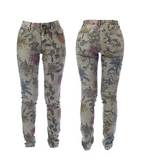 Image showing Collage of women's jeans with floral pattern. Isolate on white. 