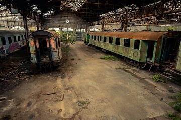 Image showing Cargo trains in old train depot