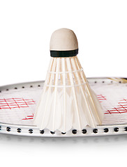 Image showing Feather shuttlecocks on the racket standing