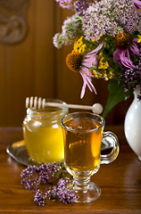 Image showing medicinal herbs, honey, herbal tea