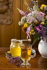 Image showing medicinal herbs, honey, herbal tea