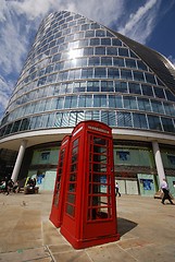 Image showing Phone boots in front of the Moorhouse in London.