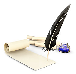 Image showing old-fashioned feather with ink and blank scrolls