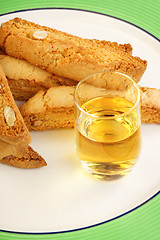 Image showing Biscotti or Cantucci biscuits (Cantuccini) and Vin Santo wine