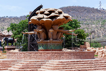 Image showing Gigantic monkey statues on fountain in famous Lost City