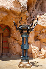 Image showing sculpture behind entry to bridge in Sun City, South Africa