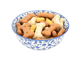 Image showing Dog biscuits in a blue and white china bowl