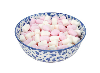 Image showing Pink and white mini marshmallows in a blue and white china bowl