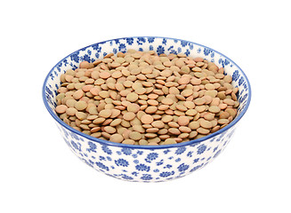 Image showing Green lentils in a blue and white china bowl