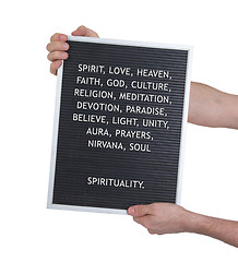 Image showing Spirituality concept in plastic letters on very old menu board