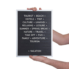 Image showing Vacation concept in plastic letters on very old menu board