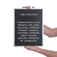 Image showing Public relations concept in plastic letters on very old menu boa