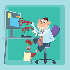 Image showing Office monkey working at the computer and making tea