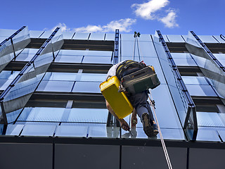 Image showing Climber wash glass facade