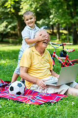 Image showing grandfather and child using laptop