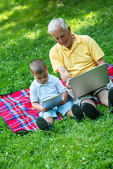 Image showing grandfather and child using laptop