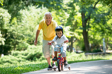 Image showing grandfather and child have fun  in park