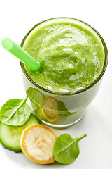 Image showing glass of banana, cucumber and spinach smoothie