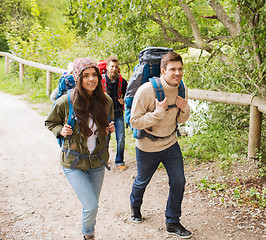 Image showing group of smiling friends with backpacks hiking