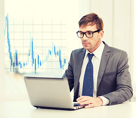 Image showing businessman with laptop computer and forex chart