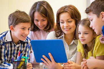 Image showing group of kids with teacher and tablet pc at school