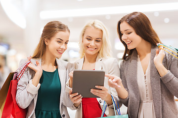 Image showing happy young women with tablet pc and shopping bags