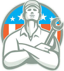 Image showing Mechanic Arms Crossed Wrench USA Flag Retro