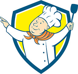 Image showing Chef Cook Arm Out Spatula Shield Cartoon