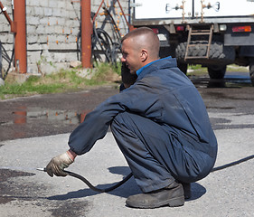 Image showing Worker in overalls watering area with water 