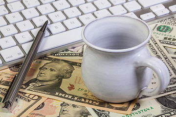 Image showing Business desk - Empty cup of tea, pencil and keyboard