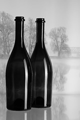 Image showing Two bottles and autumn landscape in the mist