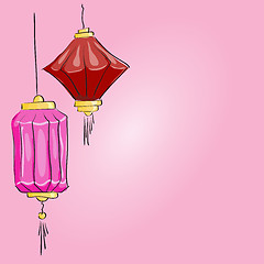 Image showing Vector drawing. Two Chinese lantern on a pink background