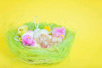 Image showing Easter eggs and chickens in nest 