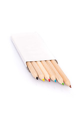 Image showing Various color pencils in box on white background