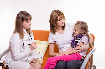 Image showing Sick girl sitting on lap of mother and pediatrician inspection