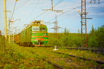 Image showing Electric Freight Train Approaching Polyarnye Zori, Russia