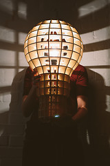 Image showing Hanging, wooden light shade lamp with bulb