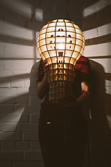 Image showing Hanging, wooden light shade lamp with bulb