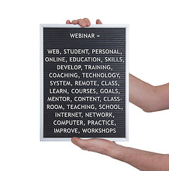 Image showing Webinar concept in plastic letters on very old menu board