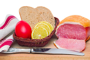 Image showing Ham , bread and vegetables on a white background.