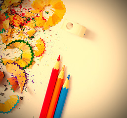 Image showing colored pencil, shavings and sharpener